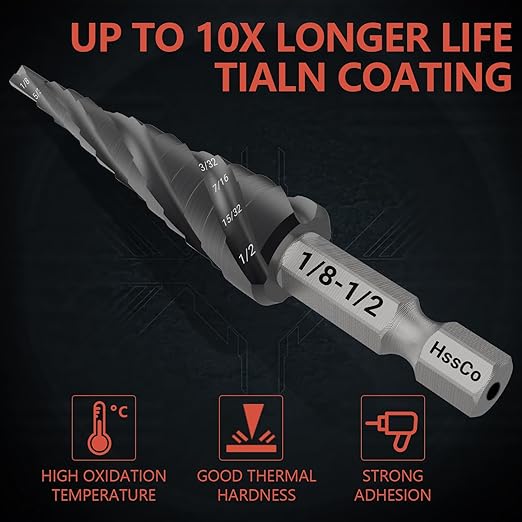 M35 Four Spiral Flute Cobalt Step Drill Bit 1/8"-1/2", Wear-Resistant TiAlN Coated 1/4" Hex Shank Unibit Step Bit for Metal, Stainless Steel, Aluminum, Wood, Plastic（13 Sizes）