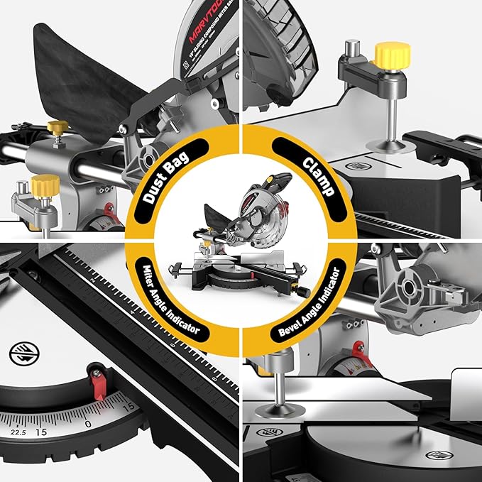 10-inch Sliding Compound Miter Saw, 4800RPM, 15 Amp, Single Bevel 0-45° with Extension Table, 36T Blade, Power Saw for Metal, Plastic, Wood, Laminates