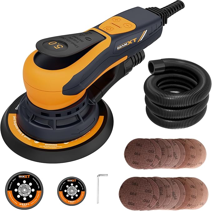 MAXXT Electric 5mm Random Orbital Sander, Palm Sander with Brushless Motor, 5&6Inch Sanding Pads, Central Vacuum, Sanders for Woodworking, Primary Wood and Panel Processing(Orange)