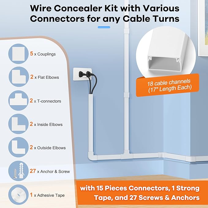 306in Cord Hider Kit, Cord Covers for Wires on Wall, Paintable Wire Cover for Cords, Cable Hider for Wall Mounted TV, White Cord Concealer, Cable Raceway Wire Management, 18xL17in x W0.95in x H0.55in