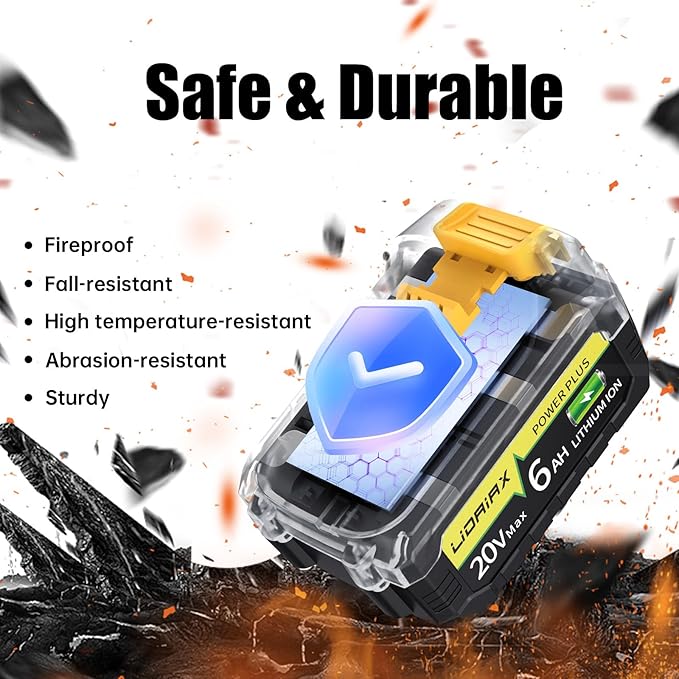 1 Pack 100% True 6.0Ah Capacity Lithium Ion Replacement Battery for Dewalt 20V Max Battery, High Power Cell for DCB200 DCB201 DCB203 DCB204 DCB207 DCB181 DCB180 DCD/DCF/DCG Series Tools