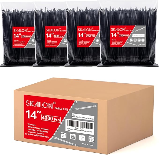 Zip Ties 14 inch (4000 Pack), 50 lb, UV Resistant Cable Ties, Black Wire Ties, Tie Wraps, SKALON