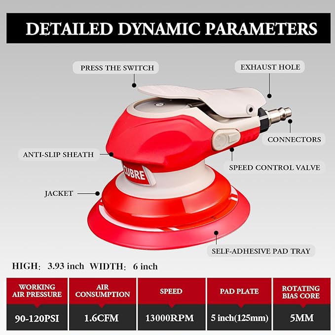 5/6 Inch Pneumatic Orbital Air Sander High-Speed DA Sander for auto body/Ideal for Woodworking, Auto Polishing, and Metal Sanding (5 inch)