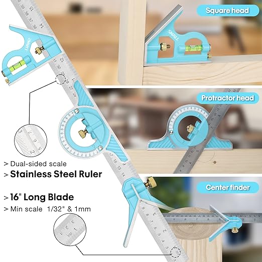 SHALL Rafter Square & Combination Square Tool Set, 7 Inch Aluminium-Alloy Carpenter Square & 16 Inch Zinc-Alloy Woodworking Framing Combo w/Stainless Steel Ruler, 2 Carpentry Pencils, Scriber