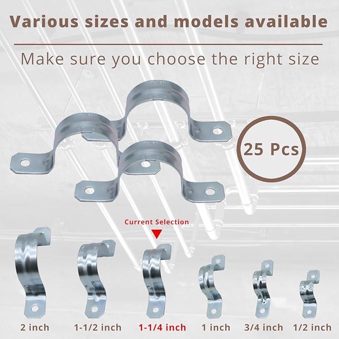 1-1/4 Inch Zinc-Plated Steel Conduit Straps, 2 Holes Cable U Bracket, Pipe Clamps, 2Hole Conduit Strap for Fixing Pipe or Cable(25PCS)