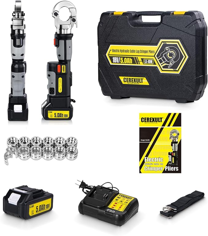 Electric Hydraulic Cable Lug Crimper Pliers,Rechargeable Crimping Tool,Straight-handled electric hydraulic pliers,Electrical Terminal Cable Wire Fiber Crimper Kit with 12 Dies, 6 AWG to 600 MCM