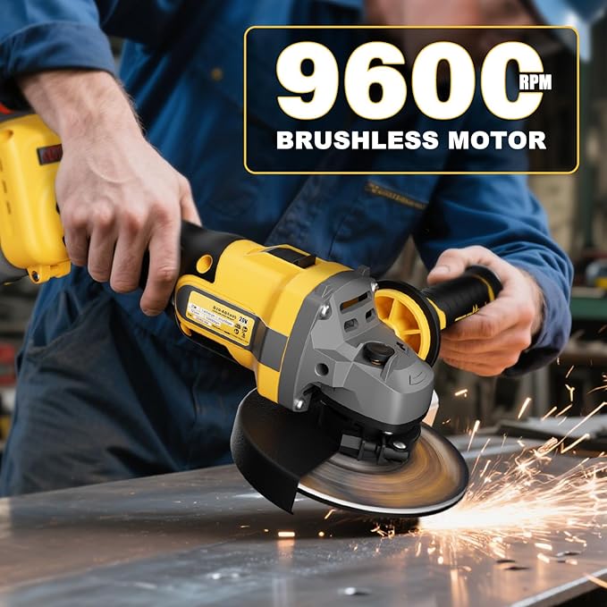 Cordless Angle Grinder Compatible with Dewalt 20V MAX Battery, 9600RPM Brushless Metal Grinder Tool, 4-1/2 Inch, w/4.0Ah Battery, Kickback Brake, 3 Vairable Speed, Slide Switch, Auxiliary Handle