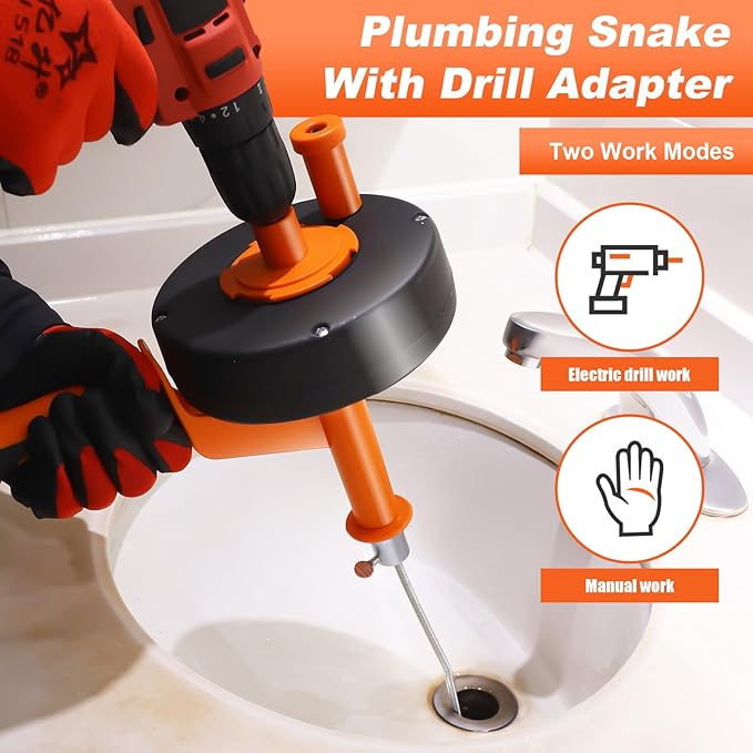 Drain Snake, 42FT Drain Auger with Drill Adapter, Plumbing Snake Clog Remover with Work Gloves, Manual or Powered Use for Kitchen, Sink, Sewer and Shower