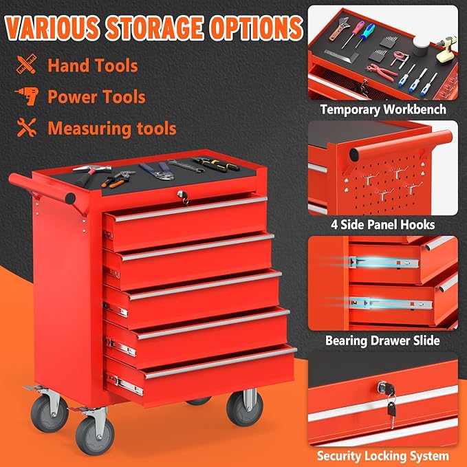 5 Drawers Rolling Tool Chest, Large Capacity Metal Tool Box with Wheels and Drawers, Tool Storage Cabinet with Keyed Locking, Tool Organizer Box for Garage, Workshop, Warehouse (Red)