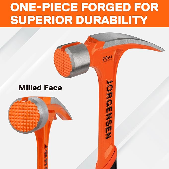 Jorgensen 20 oz Straight Claw Hammer with Magnetic Nail Holder, Rip Claw Hammer with Milled Face & Shock Absorbing Grip, Heavy Duty One-piece Forged Hammer