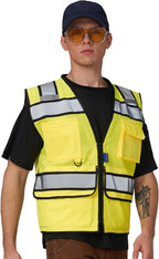 A-SAFETY High Vis Reflective Safety Vest for Men Women Zipper Ipad Pockets Mesh Construction Apparel Neon Vest for Work