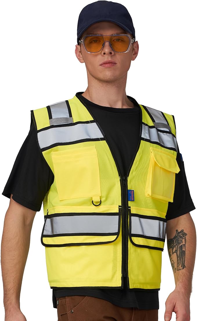 A-SAFETY High Vis Reflective Safety Vest for Men Women Zipper Ipad Pockets Mesh Construction Apparel Neon Vest for Work