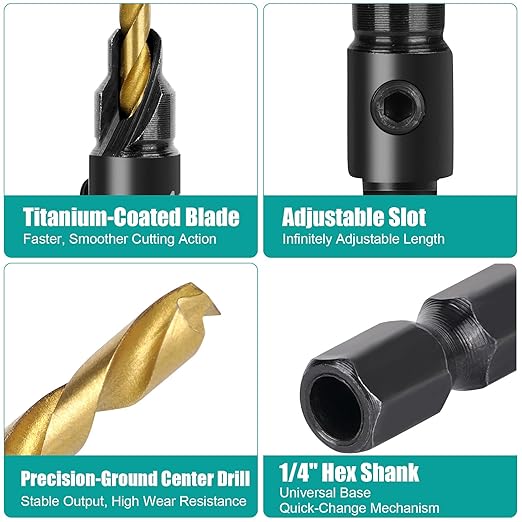 5PCS Countersink Drill Bit Set, Professional Brocas para Madera - Adjustable Wooden Drill Bit Set, Used for Wood Countersink Drill Bit with Depth Stop