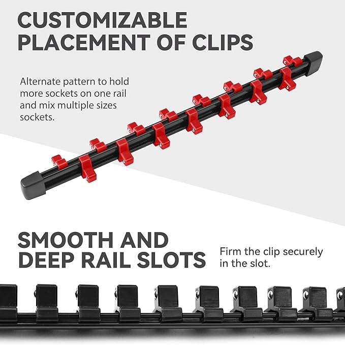 ALOANES 6 PC ABS Socket Organizer, 3/8 inch, Drive Socket Rail Holders, Heavy Duty Socket Racks, Black Rails with Red Clips