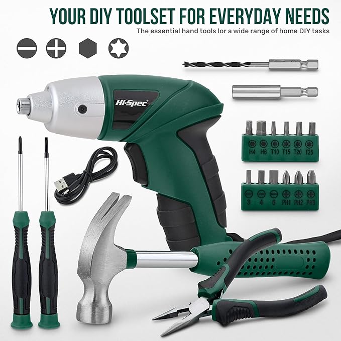 Hi-Spec 19pc 3.6V Green USB Small Power Screwdriver & Home DIY Tool Kit Set. Cordless & Rechargeable Electric Screwdriver and Compact Hand Tool Box Set