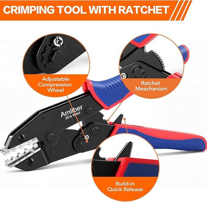 Wire Crimping Tool for Non-Insulated Terminal, AWG 22-6 Ratchet Wire Crimper Tool, Crimping Pliers for Non-Insulated Wire Connector