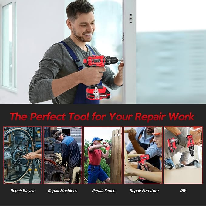 20V Cordless Drill, Electric Power Drill Set with Battery Charger, 3/8” Keyless Chuck, 2 Variable Speed, 18+3 Torque, 72pcs Driver Bits and Belt Hook, Red