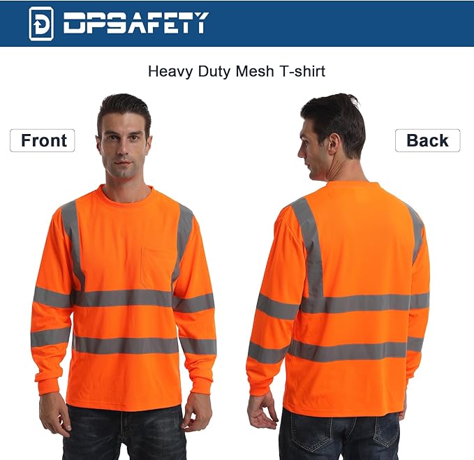High Visibility Class 3 T Shirts，Hi Vis Safety Shirts with Reflective Strips and Pocket, Long Sleeve Quick Dry Mesh Construction Work Shirt for Men/Women Orange,Small