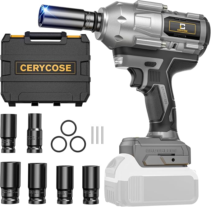 Cordless Impact Wrench 1/2 inch for Dewalt Battery 900FT-LBS with 6 Sockets and Durable Toolbox Brushless Impact Gun Includes LED Work Light (950Ft-lbs Wrench with 6 Sockets)