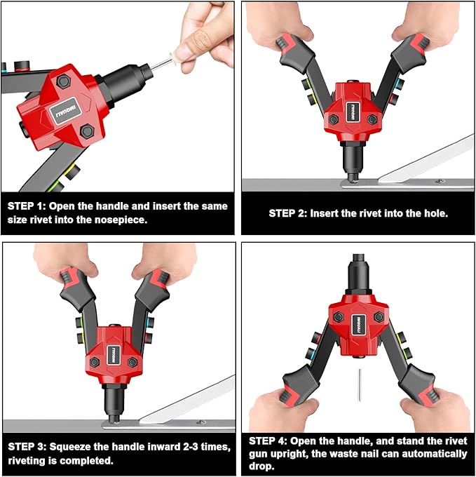 Rivet Gun Kit, Pop Rivet Gun Tool with 400 Rivets & 5 Nosepieces, 80 Pcs Aluminum Rivets for Each Rivet Head Size, 9.5'' Heavy Duty Manual Two-Handed Riveter Tool for Metal, Leather and Plastic, IM20