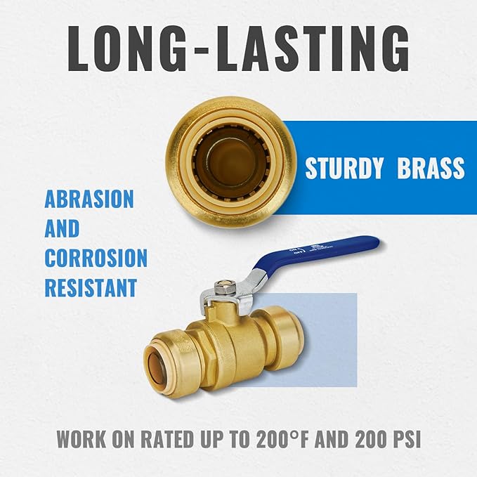 Shut Off Ball Valve 1 Inch, SUNGATOR 1 Inch Ball Valve, Push-to-Connect Water Shut off Fittings with Blule Handle, No Lead Brass Push Plumbing Fittings for PEX Pipe, Copper, CPVC, Pack of 1