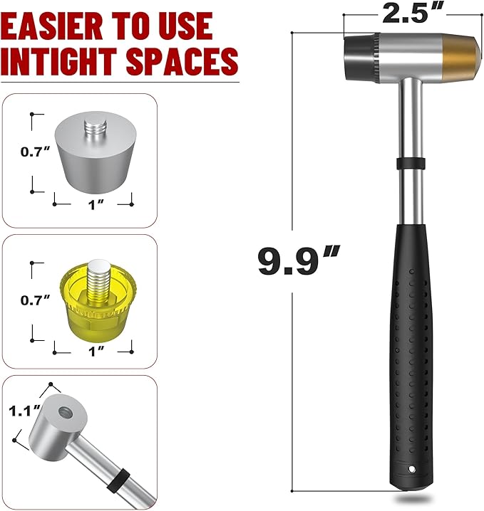 Small Brass Hammer with 4 Interchangeable 1-Inch Heads: Brass, Nylon, Aluminum, Rubber, Hammer Mallet for Jewelry, DIY Projects and More