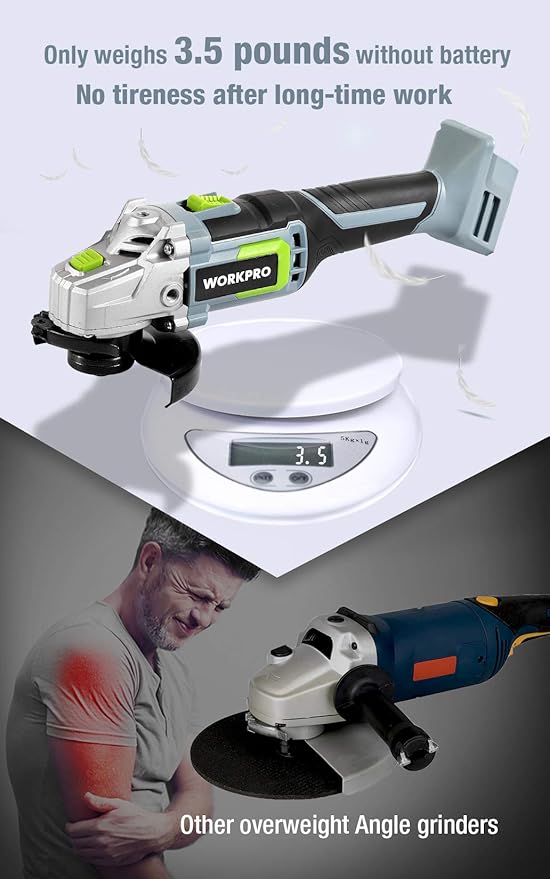 WORKPRO 20V Cordless Angle Grinder Kit, 4-1/2 Inch, Lightweight Angle Grinder Tool 4.0Ah Lithium-Ion Battery & Fast Charger, Ergonomic Button Position for Reducing Hand Pressure