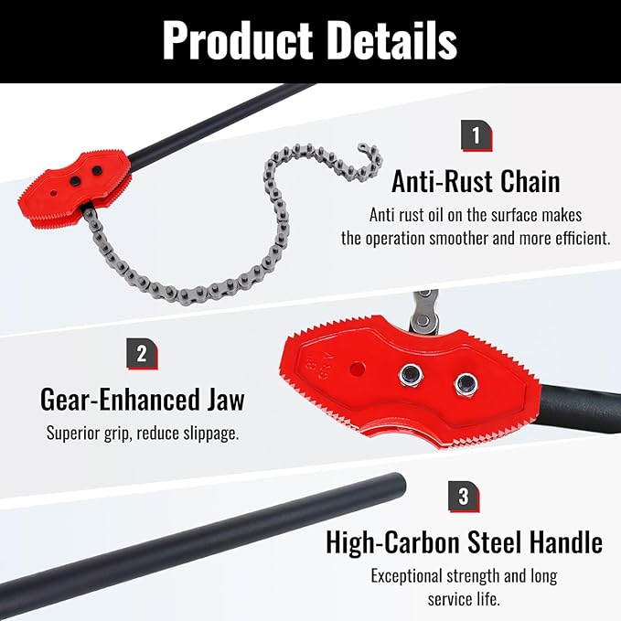 YHK Chain Pipe Wrench, 50” Heavy Duty Chain Tongs with 41.3" Chain Length, Heavy-Duty Chain Wrench for Pipe Installation, Repair, and Maintenance, Fit for 1-1/2"-8" Pipe Diameters