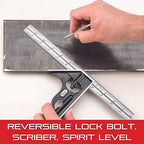 Starrett Steel Combination Square with Square Head - 12" Blade Length, Cast Iron Head, Hardened Steel, Reversible Lock Bolt, Scriber, 4R Graduation Type - C11H-12-4R