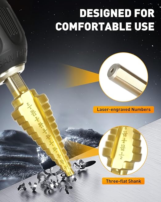 COMOWARE Step Drill Bit Set 5-Piece Titanium-Coated with Automatic Center Punch - Short Length, Double Cutting Blades, High-Speed Steel - Covering 50 Sizes, Complete with Aluminum Case