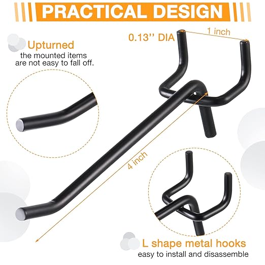 Shimeyao 100 Pcs Peg Board Shelving Hooks Stainless Steel Hanging Board Pegs Wall Display Hooks Bulk for 1/8 1/4 Garage Storage Organizer Accessories(4 Inch,Black)