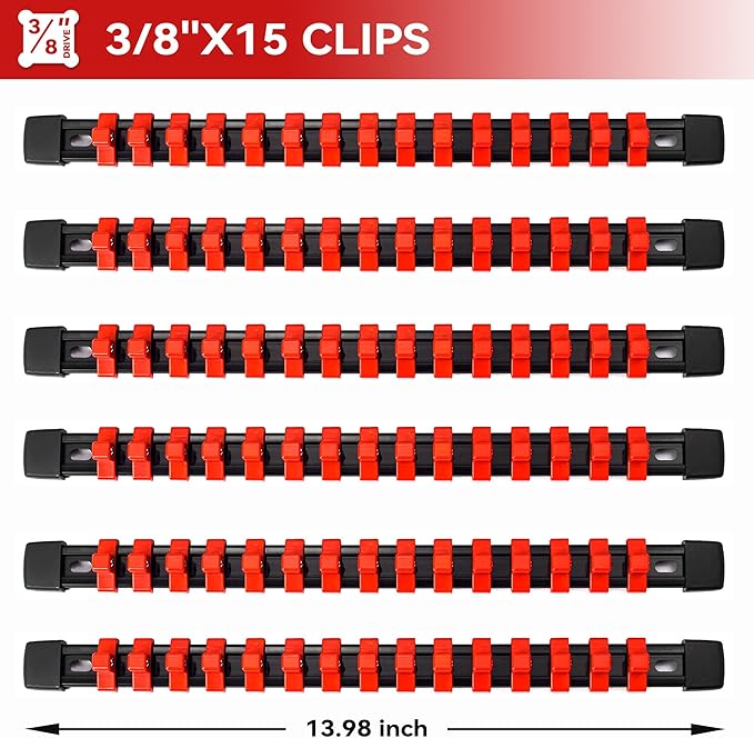 ALOANES 6 PC ABS Socket Organizer, 3/8 inch, Drive Socket Rail Holders, Heavy Duty Socket Racks, Black Rails with Red Clips