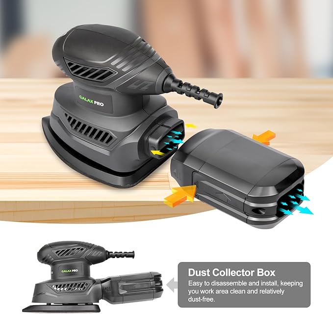 GALAX PRO Detail Sander, 1.1A Powerful Motor, 13000 OPM Compact Electric Sander with 20Pcs Sandpapers and Dust box, Soft Grip Handle for Comfortable Woodworking
