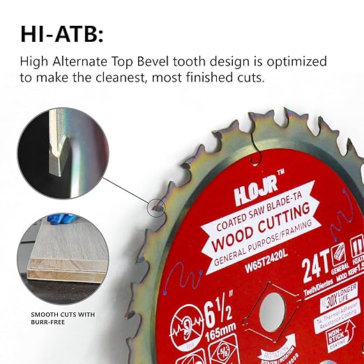10-Pack 6-1/2" 24-Tooth 5/8“ Arbor Woodworking Circular Saw Blade,Framing/General Purpose, Special Anti-Thermal Adhesion Coating on Cutting Edge - TA,High Finish,Long Life,6-1/2" 24T 5/8"