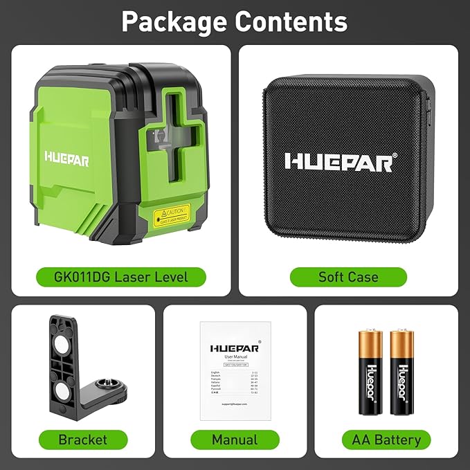 Laser Level, HUEPAR 98Ft Self Leveling Laser Level Green Line Laser Cross Line Laser Leveler Tool for Picture Hanging, Tile, Home Renovation, Indoor Project, Battery&Carrying Bag Includ with L-Bracket