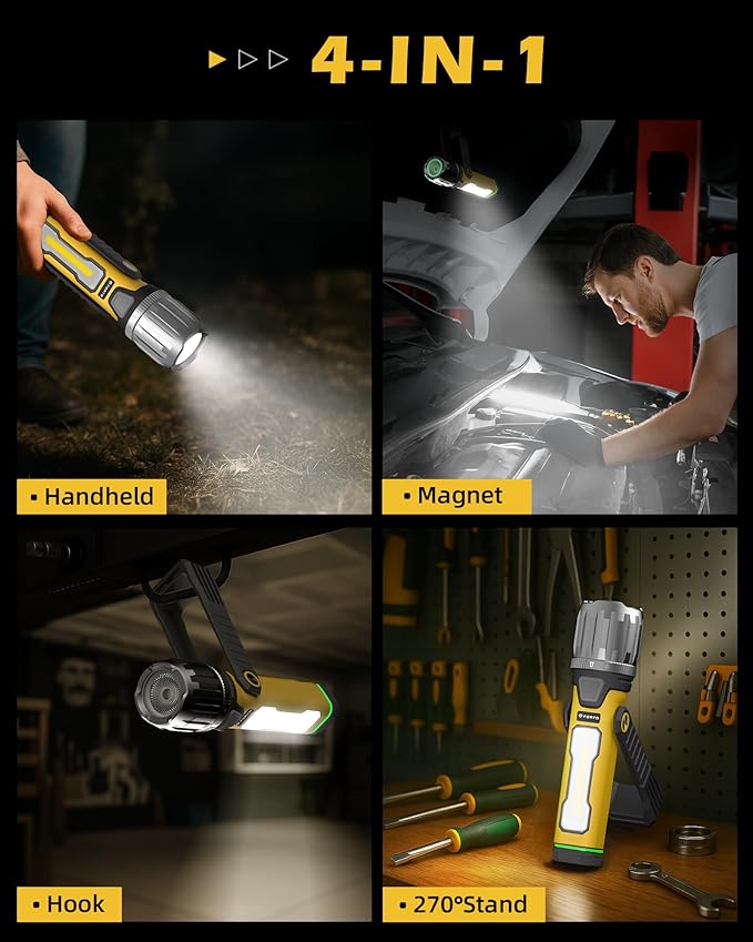 FORTO Magnetic Work Light 2000LM, 5000mAh Rechargeable Flashlight, IPX8 Waterproof Worklight with 240° Rotating Handle, for Emergency, Camping, Garage, Car Repair, Hurricane, Power Outage (Yellow)