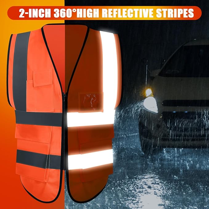 15 Pack Reflective Safety Vests with Pockets and Zipper High Visibility Vest Construction Work Vest for Men Women(Orange Red, Large)