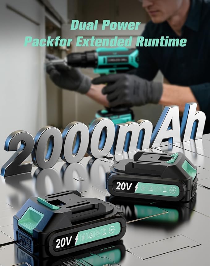 Cordless Drill, 20V MAX Power Drill Set with Dual Power Pack & Charger, 3/8 Inch Keyless Chuck, Variable Speed, 25+1 Position and 56PCS Bits/Screws, Power Tools for Home Projects