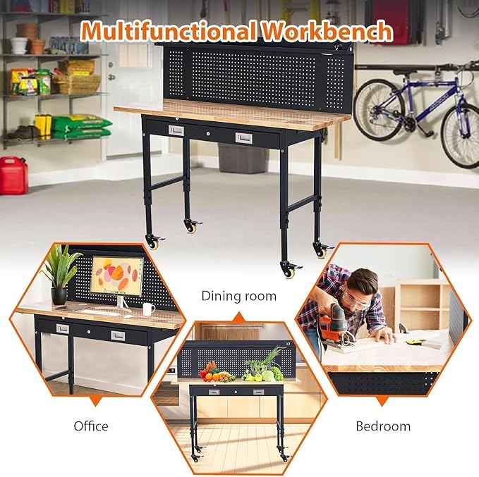 60" Heavy Duty Adjustable Workbench with Drawer Storage, Large Pegboard & Strip Light - 2000 LBS Capacity, 4 Lockable Casters for Garage, Workshop, Home