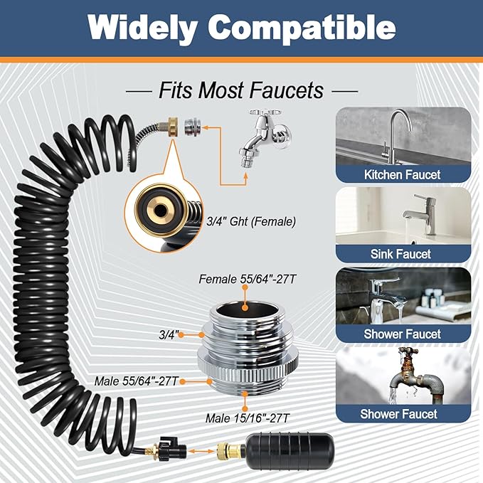 Drain Cleaning Bladder Kit, Including 3 Sizes Rubber Bladders, 10 Ft Retractable Hose, Brass Faucet Adapter & Shut-Off Valve, Durable Drain King Style Tool for Pipe & Sewer Unclogging (6 pcs)