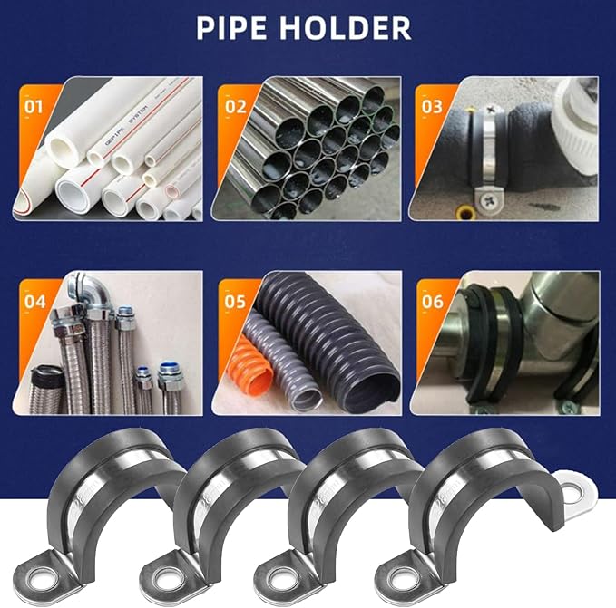 10pcs 42mm 2 Hole U-Tube Strap Clamp, 304 Stainless Steel with EPDM Rubber Lined Clip, Double-Layer Gaskets Rubber Cushioned Insulated Clamp for Tube, Pipe or Wire Cord Installation