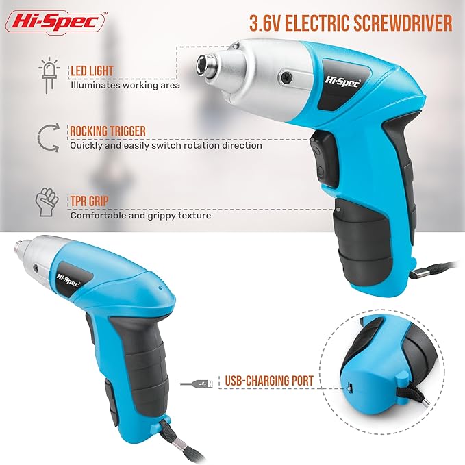 Hi-Spec 27pc 3.6V Blue USB Small Power Electric Screwdriver Set. Cordless & Rechargeable with Driver Bit Set