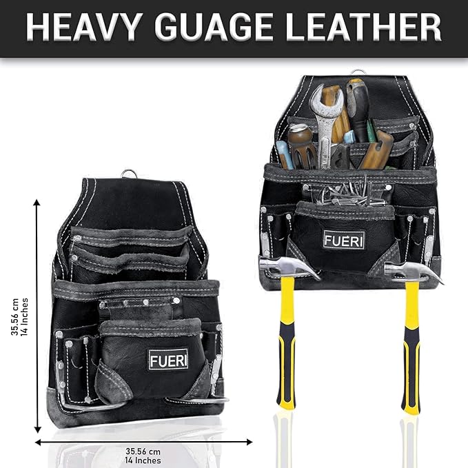 FUERI Leather Tool Belt with Suspenders Heavy Duty Bags Dual Hammer Holsters Tool Pouches for Men Construction Carpenters Electricians Framers Women Workers 16 Pockets