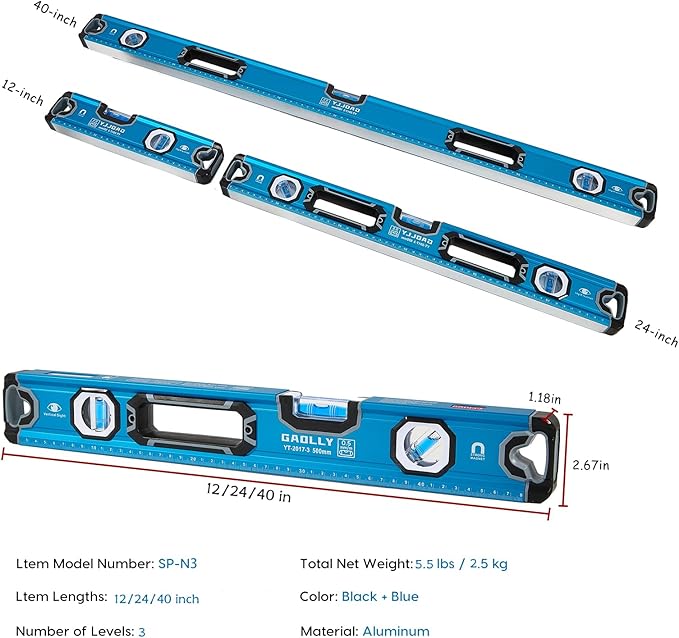 3-Piece Spirit Level Set (12", 24", 40"), Level Set with Magnetic Torpedo, 45°/90°/180°Bubbles Measuring, Aluminium Alloy Levels, Open Top View Design
