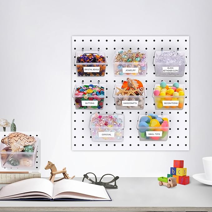 20 PCS Pegboard Cups Pegboard Bins Set, Pegboard Wall Organizer with Hooks and Loops, Pegboard Wall Containers Clear Peg Hooks Assortment Organizer Accessory for Garage Storage