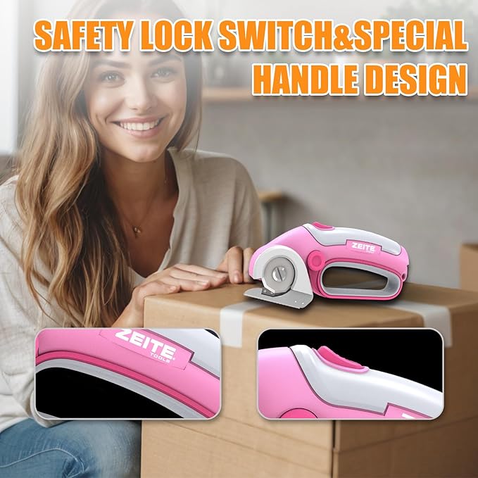 ZEITE 4V Cordless Electric Scissors Cardboard Cutter with 2 x Blades,1 x Storage Case,1 x USB Charging Cable,Rotary Cutter for Box Plastic Carpet Fabric, Easy to Hold and Safety,Pink