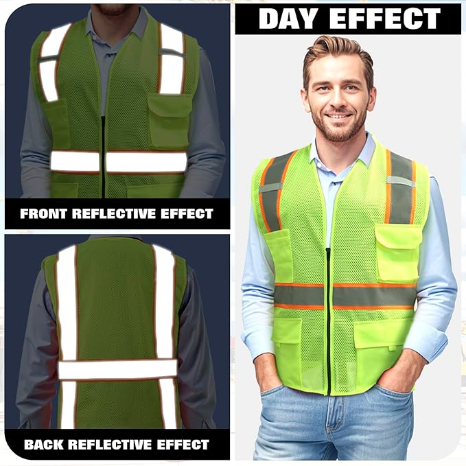 BeautyWill Custom Safety Vest Customized Logo Class 2 High Visibility Reflective Vest with Pockets Construction workwear