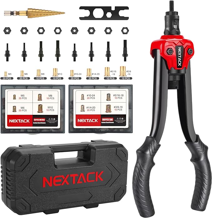 Rivet Nut Tool Kit with a Step Drill Bit, 120 Nutsert, Heavy Duty Rivnut Tool with 8 SAE & Metric Mandrels M5 M6 M8 M10 10-24 1/4-20 5/16-18 3/8-16 in Organized Carrying Case (NT700)