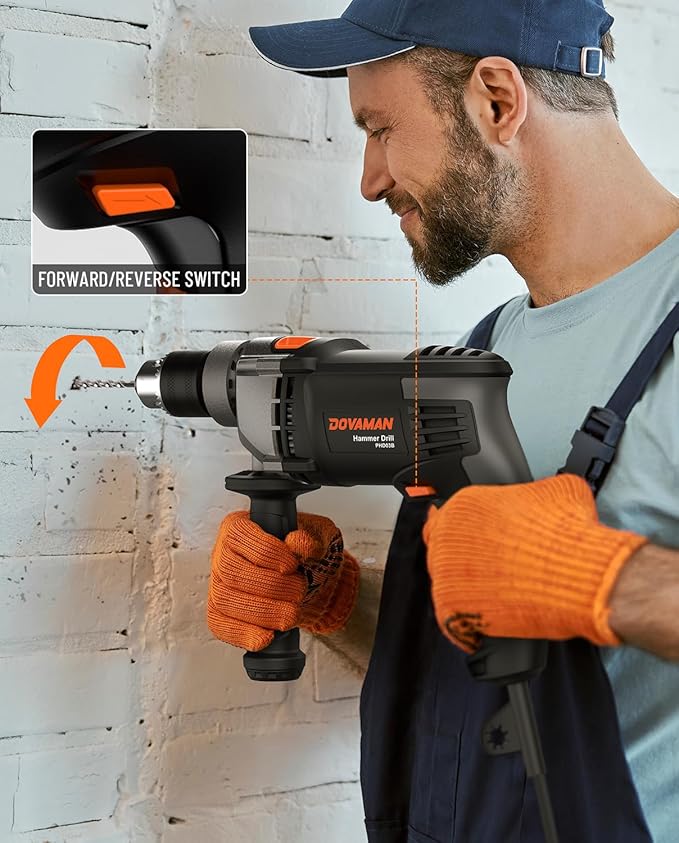 PHD03B 7.5A Corded Hammer Drill, 1/2'' Impact Drill with Variable Speed 0–3000RPM, Metal Chuck, 2 Modes for Concrete, Wood, Metal – Includes Bits & Carrying Case
