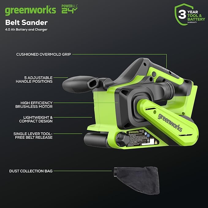 Greenworks 24V Brushless Cordless 3in. x 18in. Belt Sander Kit with Dust Bag and 60 Grit Sandpaper, Portable Battery Powered Belt Sander with 4Ah Battery and Charger